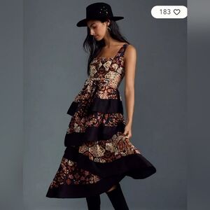 Square Necked Printed Tiered Midi Dress